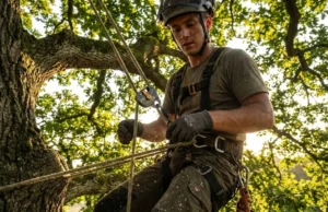 Tree Climbing Gear: Building a Safe & Compatible System A professional arborist hanging in a harness high in an oak tree, demonstrating a cohesive tree climbing gear system with rope and mechanical friction device.
