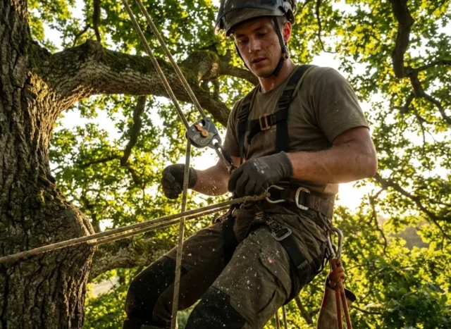 tree-climbing-gear-system-safety A professional arborist hanging in a harness high in an oak tree, demonstrating a cohesive tree climbing gear system with rope and mechanical friction device.