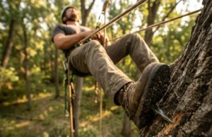 Tree Climbing Spikes: 2026 Field Test & Buying Guide An arborist wearing climbing spikes stands on the side of a tall tree trunk, with the metal gaffs digging into the bark.