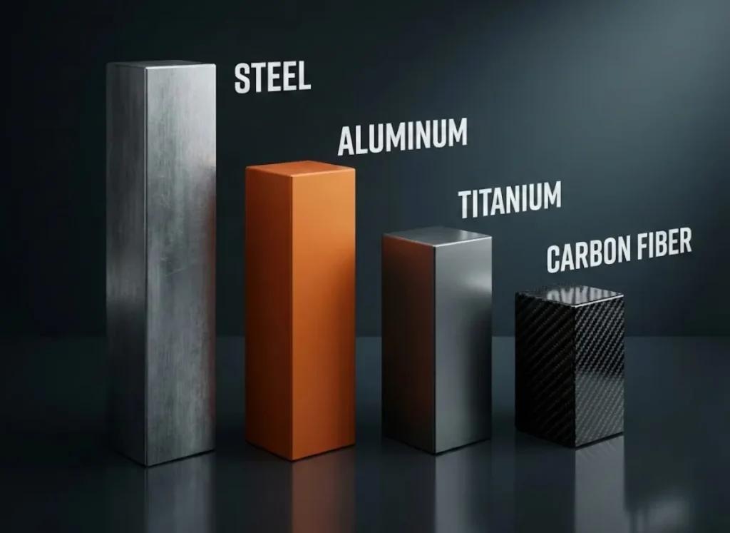 A high-end 3D bar chart comparing tree climbing spike materials. Four textured pillars representing Steel, Aluminum, Titanium, and Carbon Fiber descend in height to illustrate weight reduction, set against a sleek studio background.