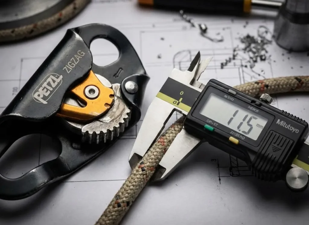 Digital calipers measuring the diameter of an arborist climbing rope next to a mechanical friction device to ensure safety standards.