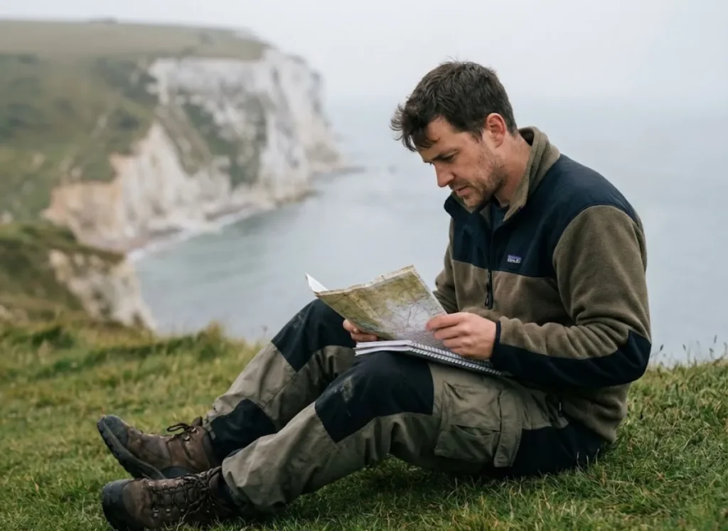 A climber sitting on a grassy cliff top in Dorset, studying a guidebook and map, distinguishing the historical figure from the modern athlete.