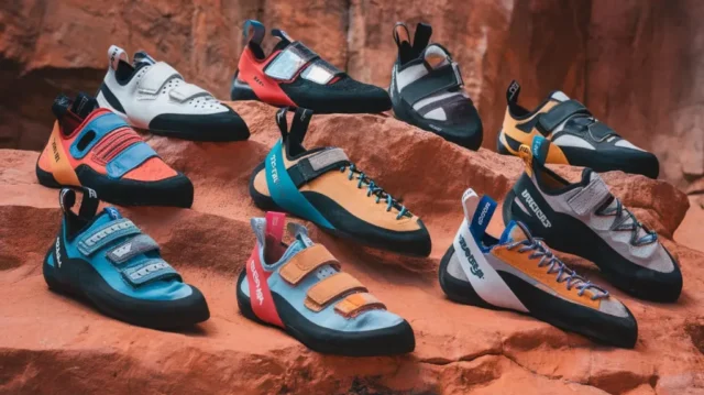 Assorted rock climbing sneakers displayed on a rocky surface with a climbing wall in the background.