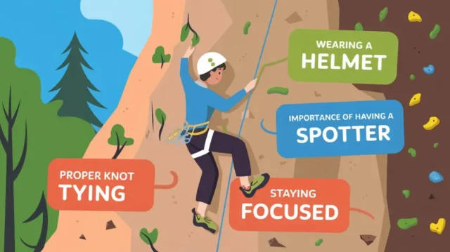 Infographic with expert tips for rope climbing safety, featuring a climber with labels for knot tying, helmet, and spotter.