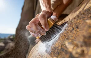 Best Rock Climbing Brushes: Max Grip, Clean Holds Climber's hand using a boar's hair rock climbing brush to clean chalk and debris off a rock hold, achieving max grip for better climbing performance.