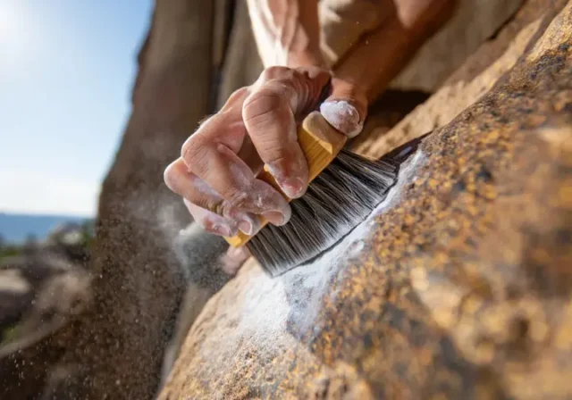 Climber's hand using a boar's hair rock climbing brush to clean chalk and debris off a rock hold, achieving max grip for better climbing performance.