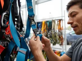 Climber carefully selecting a Petzl climbing harness in a gear store, with other Petzl harness models in the background, to master the selection process.