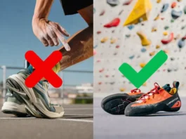 Comparison of athletic sneakers (with a red X) and specialized rock climbing shoes (with a green check), explaining why sneakers are unsuitable for climbing.