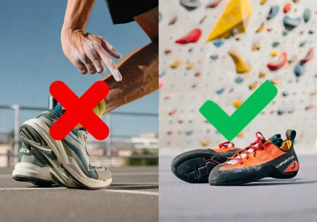 Comparison of athletic sneakers (with a red X) and specialized rock climbing shoes (with a green check), explaining why sneakers are unsuitable for climbing.