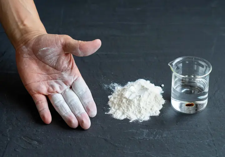 - **Main Subject(s) & Action:** A clean, informative still life composition. On one side, a small pile of pure, white magnesium carbonate climbing chalk (loose powder, perhaps with a few small chunks) is displayed on a dark, textured surface like slate. On the other side, a climber's hand (gender-neutral, showing good skin texture, ethnically ambiguous) is shown with a light, even coating of chalk, fingers slightly spread as if demonstrating the application. A small, clear glass beaker or petri dish containing a tiny amount of water with a drop of dark ink could be subtly placed nearby, with a separate sample of chalk actively absorbing the moisture, visually demonstrating its primary function without being messy.
- **Environment/Background:** A minimalist, well-lit studio or educational setting with a neutral background (e.g., dark grey or a clean workbench surface). The focus is entirely on the chalk and its properties. Bright, natural daylight illuminates the scene.
- **Composition & Camera View:** A slightly angled overhead or eye-level close-up shot, ensuring both the loose chalk, the chalked hand, and the (optional) moisture absorption demonstration are clearly visible and distinct. The composition should feel scientific and analytical. "Shot on DSLR, 100mm macro lens for the moisture absorption detail, or a 50mm f/2.0 lens for the overall composition, aperture at f/5.6 for sharp focus on all key elements."
- **Lighting Specifics:** Bright, even, and analytical natural daylight (simulating soft window light or professional softboxes). The lighting should clearly reveal the fine texture of the chalk powder, the even coating on the hand, and the interaction of chalk with moisture.
- **Key Details & Atmosphere:** The pure white, fine texture of the magnesium carbonate chalk; the way it coats the skin; the visual evidence of moisture absorption (if the beaker setup is used). The image should visually explain the "foundation of friction" by focusing on chalk's primary role in drying hands. The mood is informative, scientific, foundational, and focused on understanding the core properties of climbing chalk.