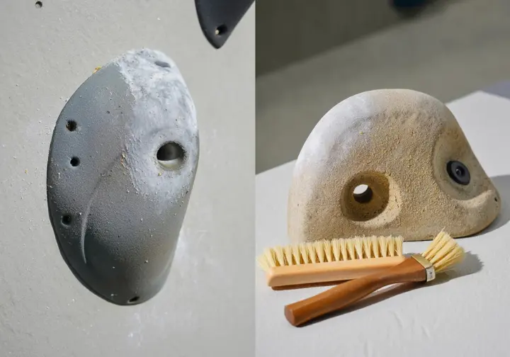 Side-by-side comparison of a dirty, chalk-caked climbing hold versus a clean, brushed hold, illustrating the science of stick and why brushing is crucial for climbers.