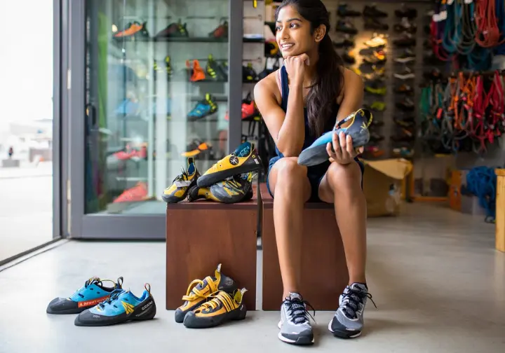 Beginner climber in a gear store thoughtfully choosing her first pair of rock climbing shoes, with her athletic sneakers set aside, emphasizing the move away from "rock climbing sneakers".