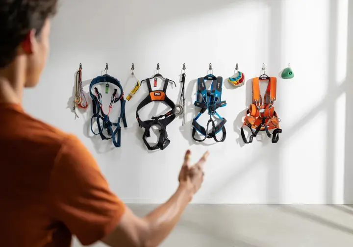 A display of various Petzl climbing harness models categorized for different disciplines (all-around, sport, alpine, kids'), helping climbers find their perfect match.