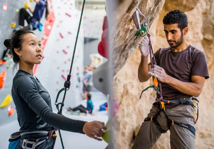 Split image showing a climber top-rope belaying with PBUS method indoors, and another lead belaying with an ABD outdoors, mastering techniques for different belay in climbing scenarios.