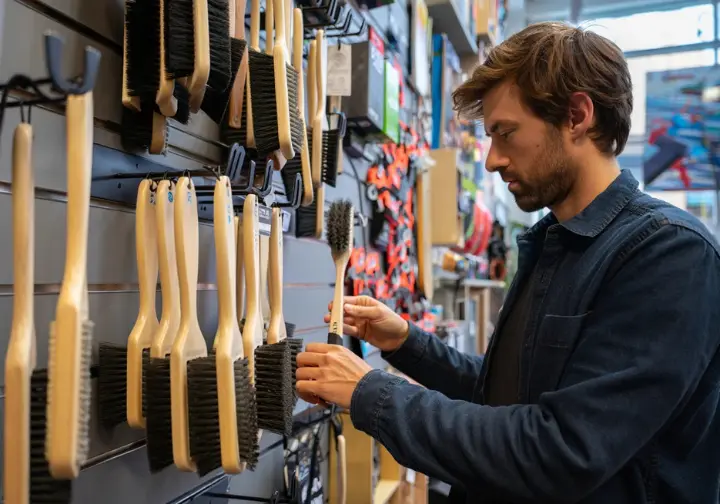 A flat lay of various top-rated rock climbing brushes for 2025, including boar's hair, nylon, and extendable types, professionally presented as picks for every climber and terrain.