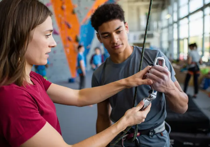 Climbing instructor gently correcting a common belaying mistake (e.g., brake hand position) made by a novice belayer in a gym, illustrating how to avoid errors.