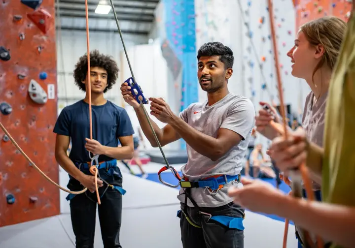 Climbing instructor demonstrating correct belay technique to a diverse group of attentive beginners in a gym class, representing learning to belay and the path to perfection.
