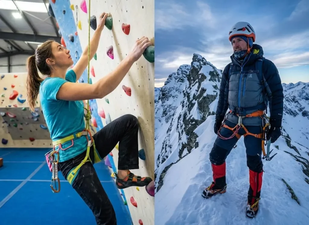 A split view showing a gym climber and an alpine mountaineer wearing different models of Petzl harnesses.