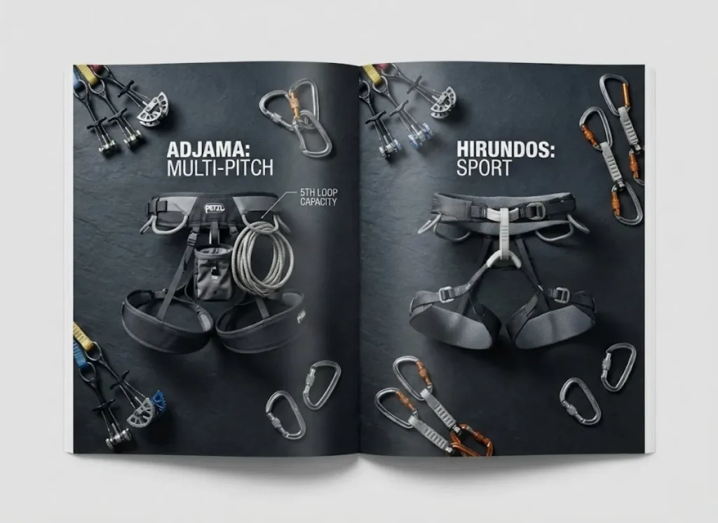 A high-definition overhead flat lay comparison of Petzl Adjama and Hirundos climbing harnesses. The image highlights the extra rear gear loop on the Adjama with a tagline attached, contrasted against the sleek 4-loop design of the Hirundos, surrounded by climbing gear.