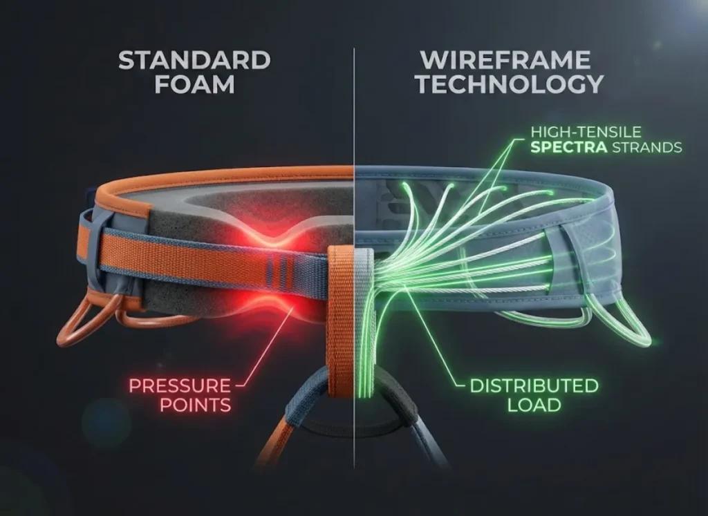 A comparative 3D technical cross-section illustration showing two climbing harness architectures. On the left, a "Standard Foam" harness shows foam collapsing under a central strap. On the right, a "Wireframe" harness shows Spectra strands distributing weight evenly across the entire width.