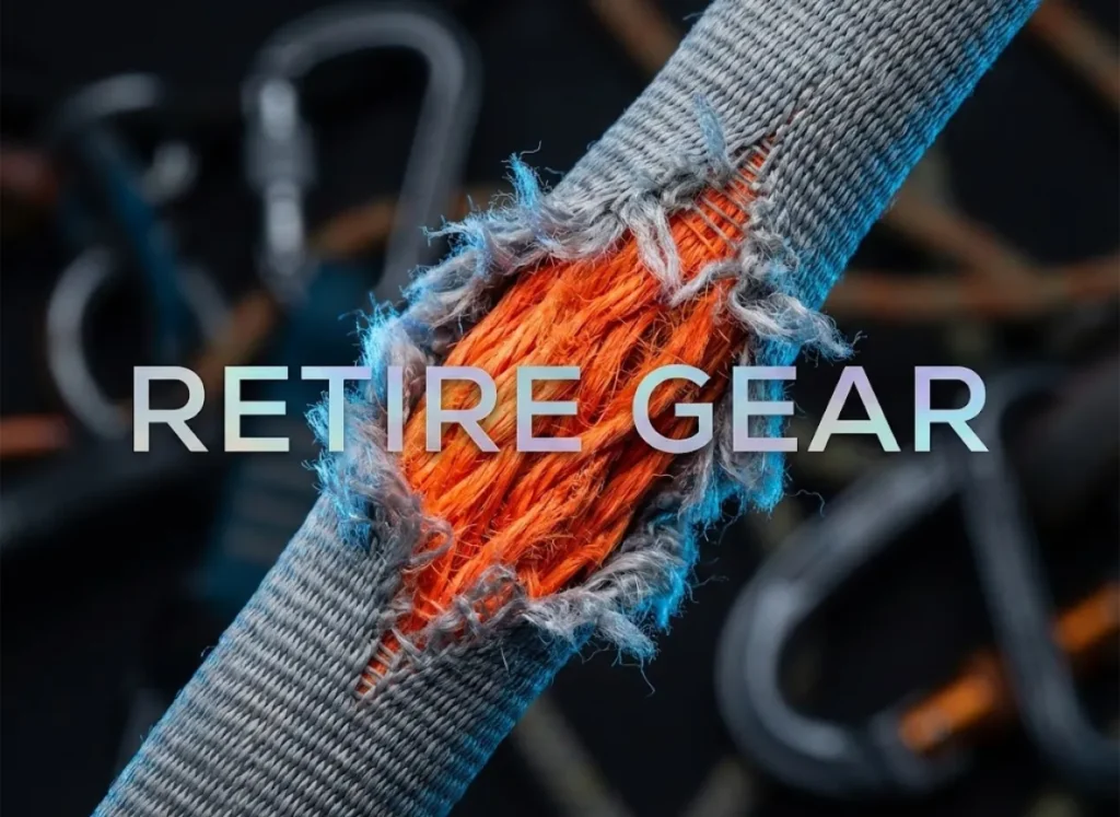 Extreme macro close-up of a climbing harness tie-in point showing frayed grey nylon fibers revealing a bright orange internal wear indicator thread, signifying the gear is unsafe.