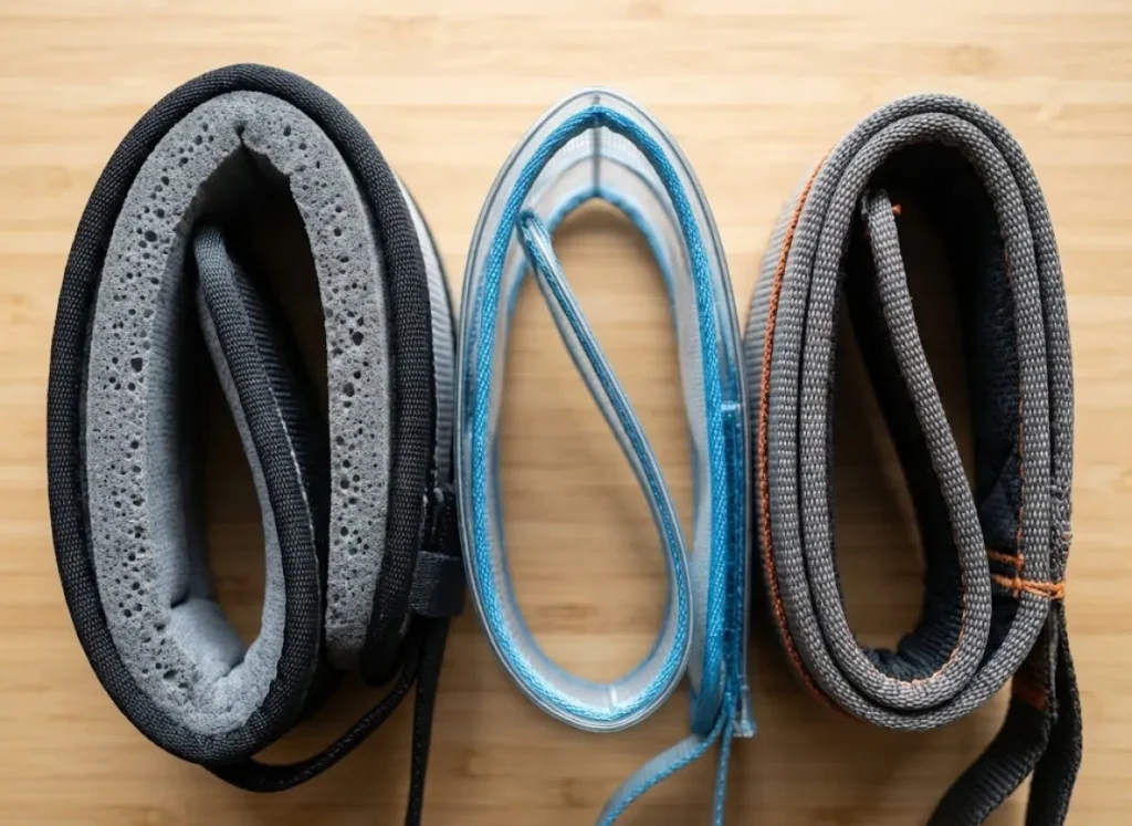 Close-up comparison of Petzl harness waistbelt construction showing foam padding versus wireframe technology.