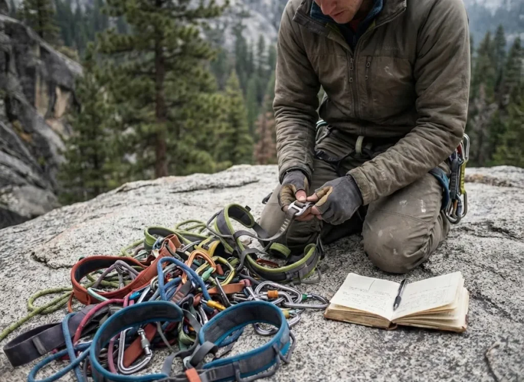 A gear reviewer inspecting multiple climbing harnesses at an outdoor crag during field testing.