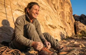 Rock Climbing Sneakers: Top 5 Comfort Picks (Tested) A climber happily tying a comfortable, sneaker-style rock climbing shoe at the base of a sunny cliff.