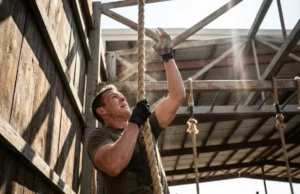 How to Climb Ropes: J-Hook & Spanish Wrap Guide A climber ascending a thick rope using proper technique, looking up towards the anchor point with determination.