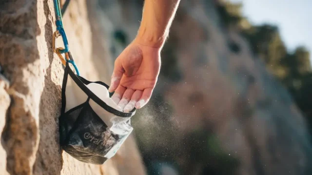 A climber’s hand reaching into a chalk bag during a climb, with chalk dust particles illuminated by sunlight.