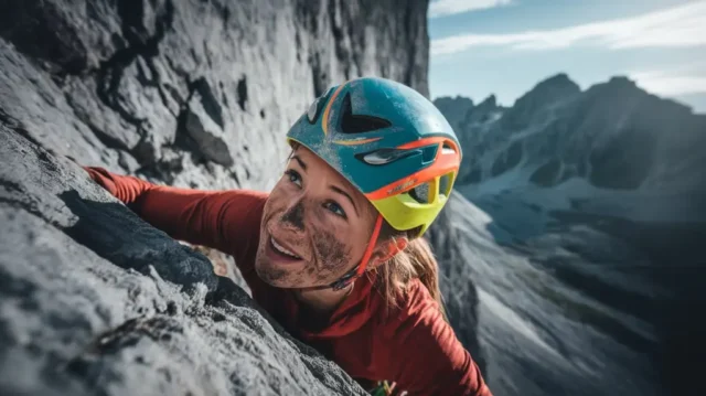 A climber wearing a brightly colored rock climbing helmet scaling a cliff with mountains in the background.