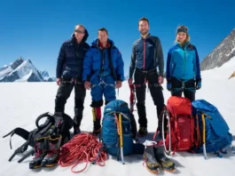 A group of mountaineers with their full set of interconnected climbing gear laid out on snow, ready for a mountain ascent, under clear skies.