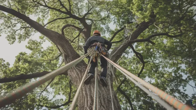 A tree climber using high-quality professional climbing ropes to ascend a tree, set against a lush forest canopy.