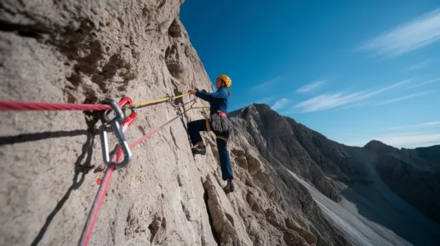 A climber scaling a rocky mountain with high-quality climbing gear, set against a stunning mountain range.