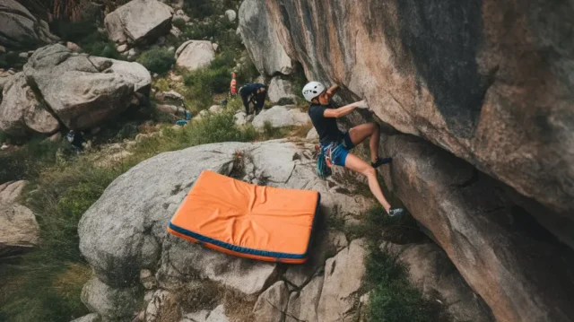 A crash pad on rugged terrain beneath a bouldering route, ensuring safe landings for climbers.