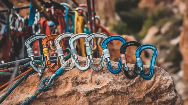 A collection of top-rated lockable carabiners on a rugged surface with climbing ropes and harnesses in a natural climbing setting.