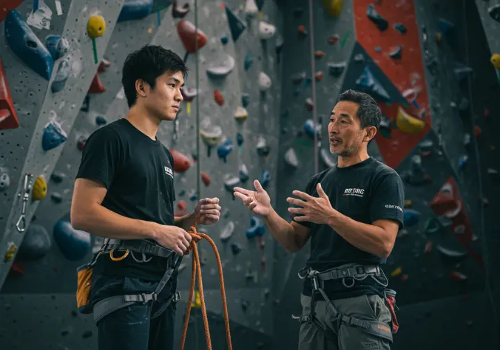 Climber and guide discussing rope safety at a climbing wall
