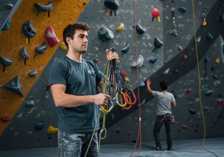 Climber confidently holding quickdraws vs. climber struggling with incorrect gear