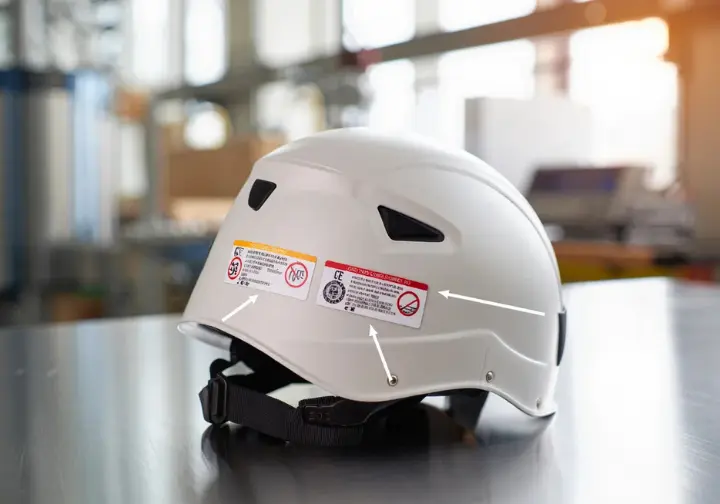 A climbing helmet with visible safety certification labels like CE EN 12492 and UIAA 106, representing safety certifications for rock climbing helmets.