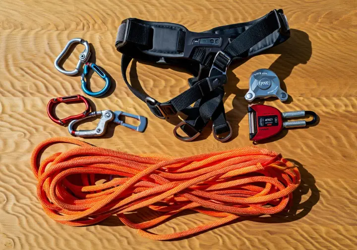 Essential climbing belay gear including harness, belay device, locking carabiners, and rope, laid out clearly, representing a climber's lifeline for how to belay.