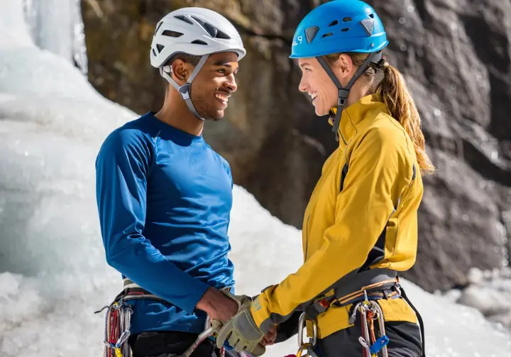 Two climbers, a male and a female, with different climbing helmets suited for their specific disciplines, demonstrating how to choose a rock climbing helmet for various climbing styles.