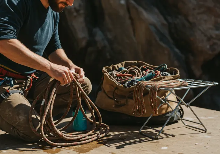 Climber cleaning and maintaining a climbing rope