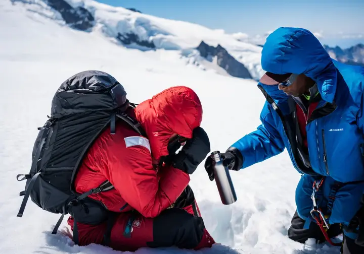 Rainier success factors and hurdles: Fatigued climber resting on a snow slope, illustrating physical challenges.