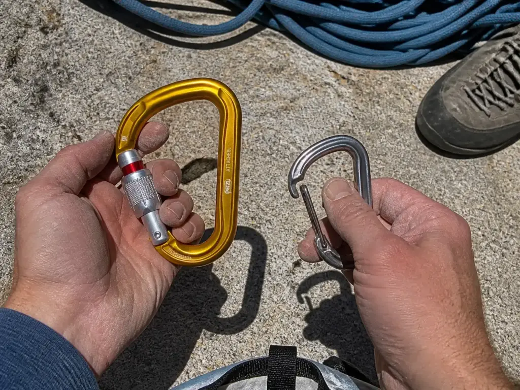 Close-up of a screwgate sleeve half-threaded on a locking carabiner beside an open non-locking wiregate