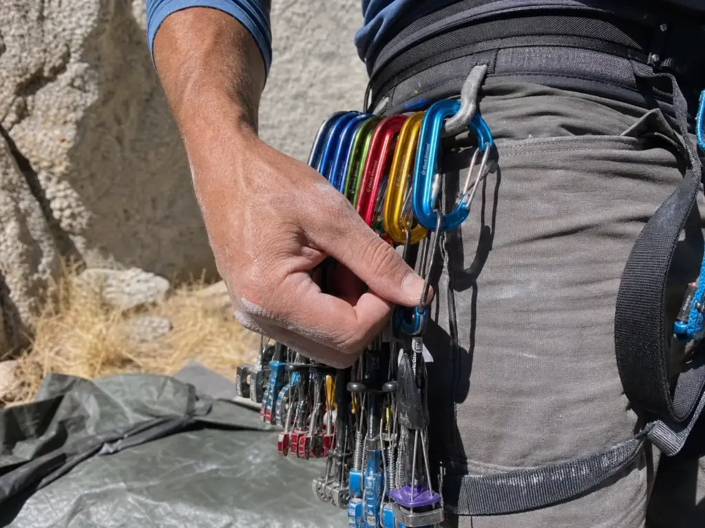 Rack of non-locking wiregate carabiners on a climbing harness gear loop before a trad lead