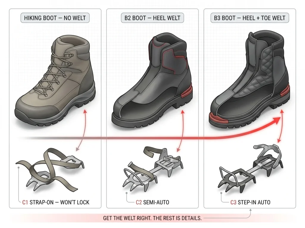 Diagram showing B1/B2/B3 boot welt cross-sections matched to C1/C2/C3 crampon binding types for glacier climbing