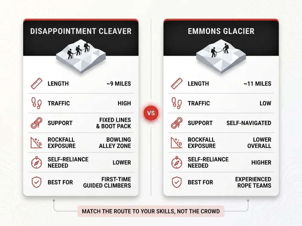Infographic comparing Disappointment Cleaver vs Emmons Glacier routes on length, traffic, support, and rockfall risk