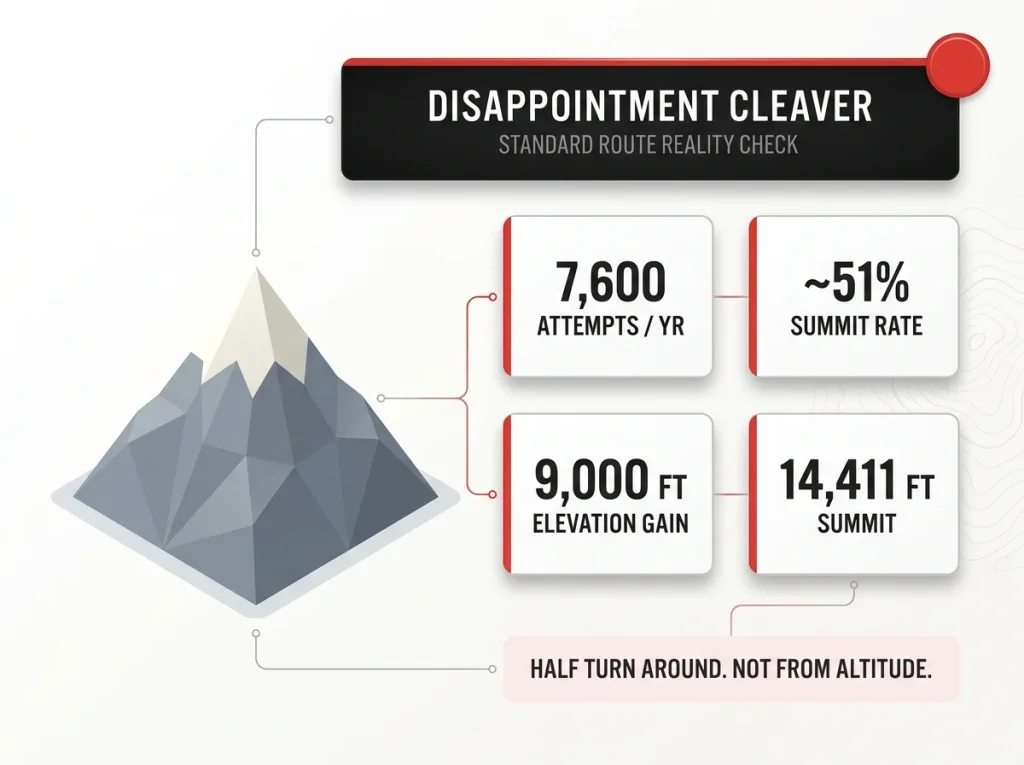 Infographic showing Disappointment Cleaver route stats: 7,600 attempts, 51% summit rate, 9,000 ft gain, 14,411 ft summit