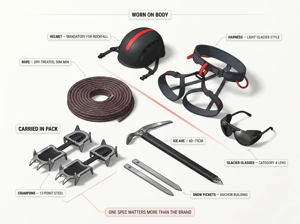 Infographic flat-lay showing Rainier DC route glacier gear layout: crampons, axe, helmet, rope, pickets, glasses, harness