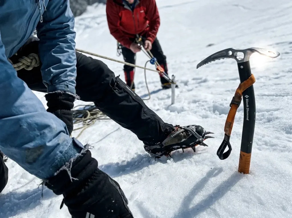 Climbers practicing crevasse-rescue rope and anchor skills on a Mount Rainier glacier
